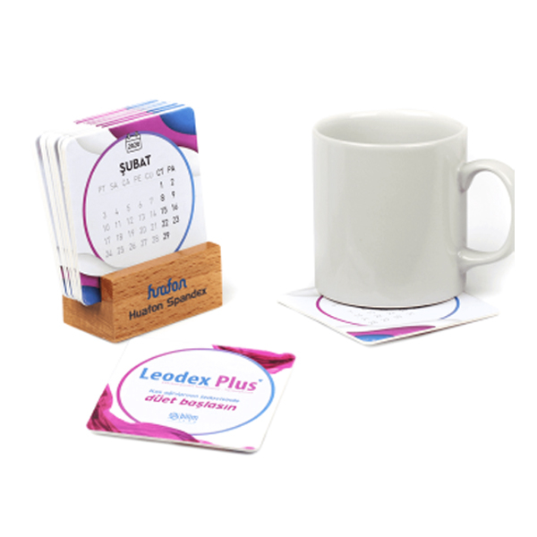 Ahşap Masa Takvimi & Karton Bardak Altlığı (8,75 x 8,75 cm)